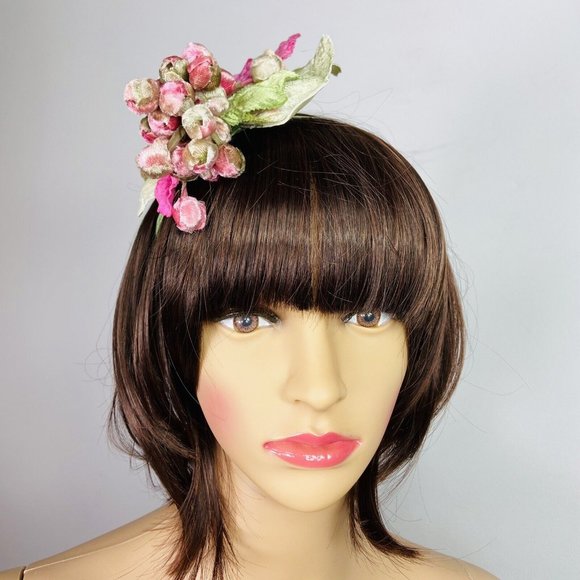 Vtg Louise Green Velvet Leafy Floral Headpiece w/ Ribbon Buds Whimsy Pink Green main image 8